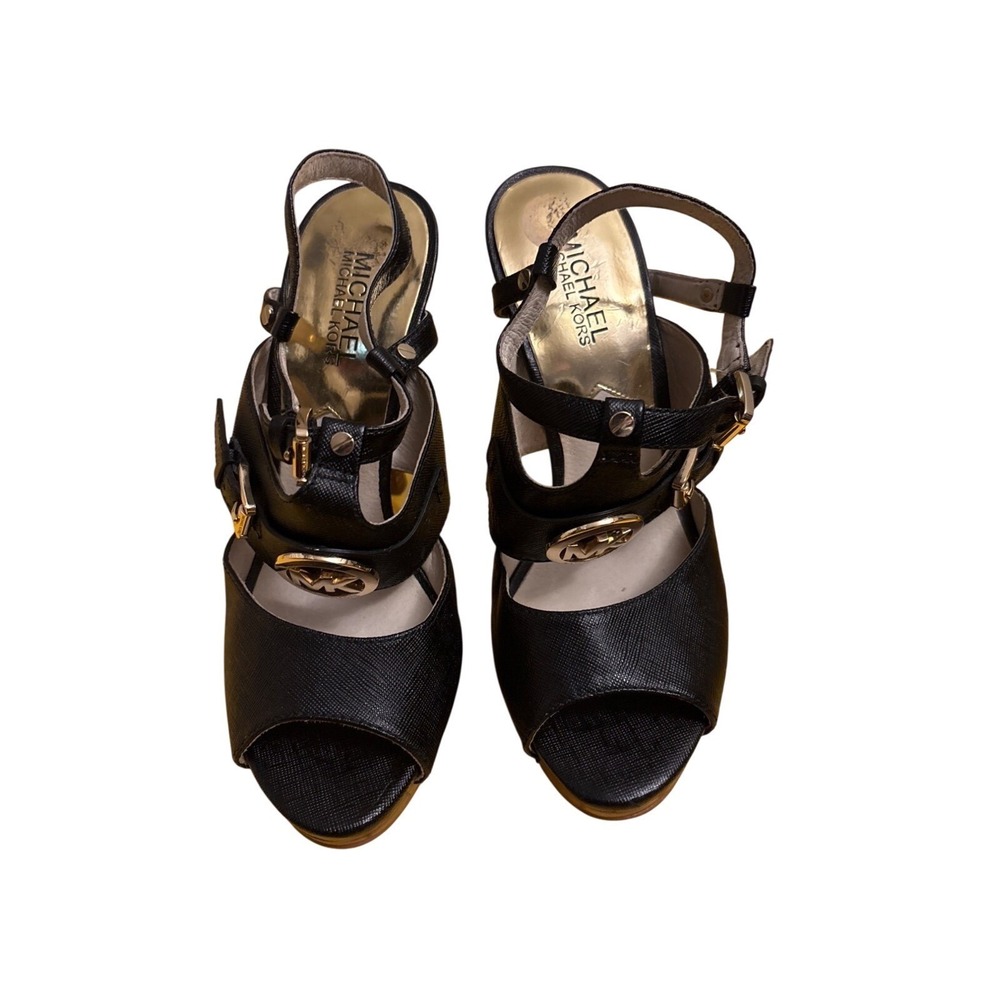 Michael Kors‎ Black Leather Strappy Peep Toe Platform High Heels 8M